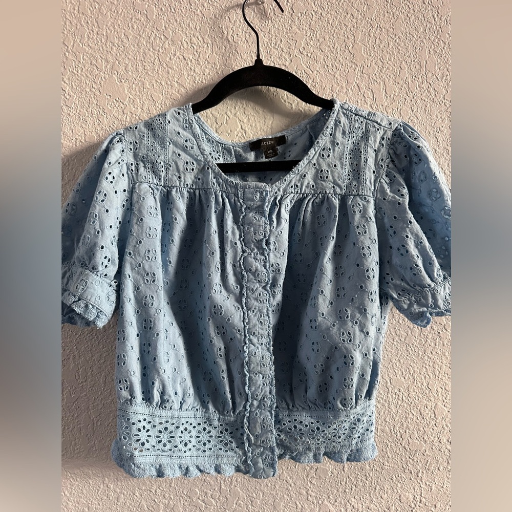 J.Crew Cotton Eyelet Peasant Blouse Light Blue Size XS - Picture 1 of 12